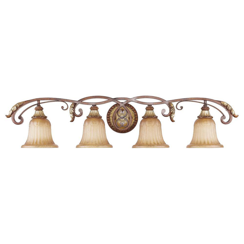 Verona Bronze & Aged Gold Leaf 4-Light Vanity with Rustic Art Glass