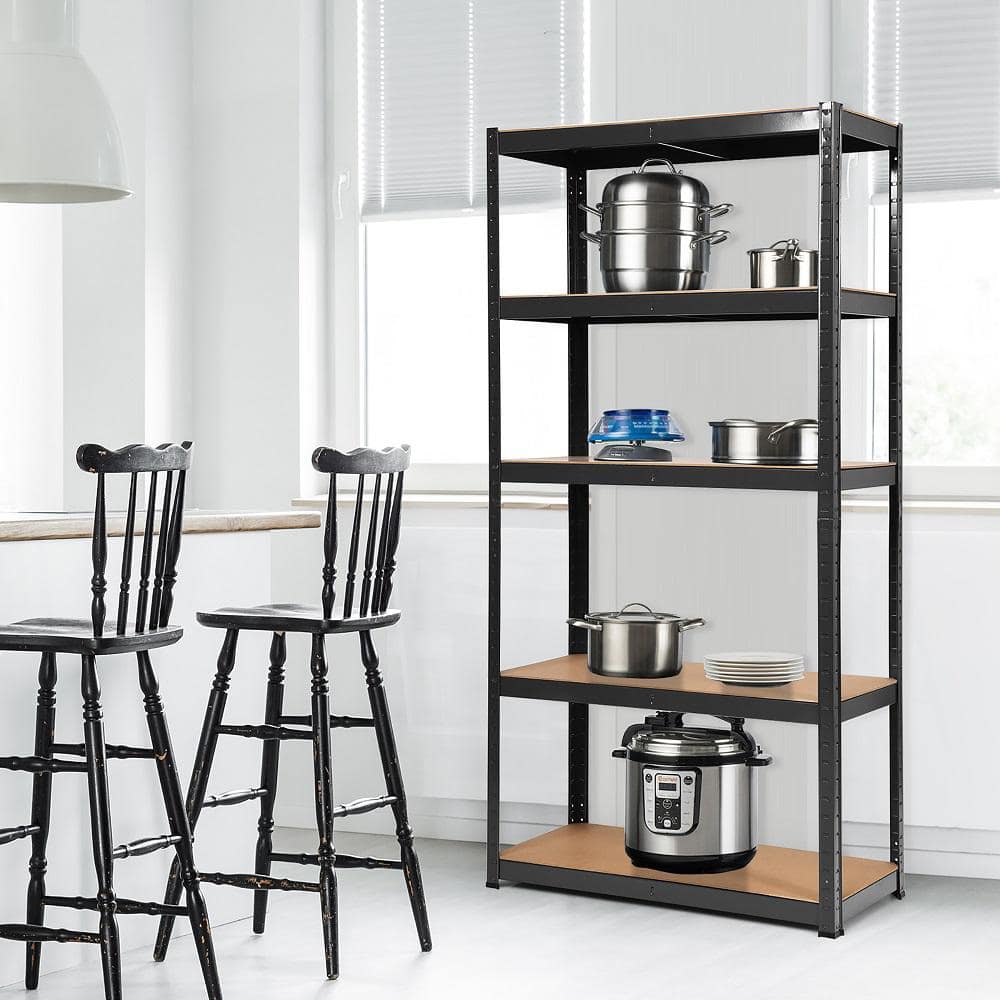 72'' Heavy Duty Black Steel Garage Rack with 5 Adjustable Wood Shelves