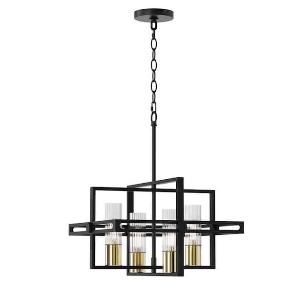 Anston 15.25 in. Plug and Play 4-Light Black and Plated Gold Chandelier with SkyPlug