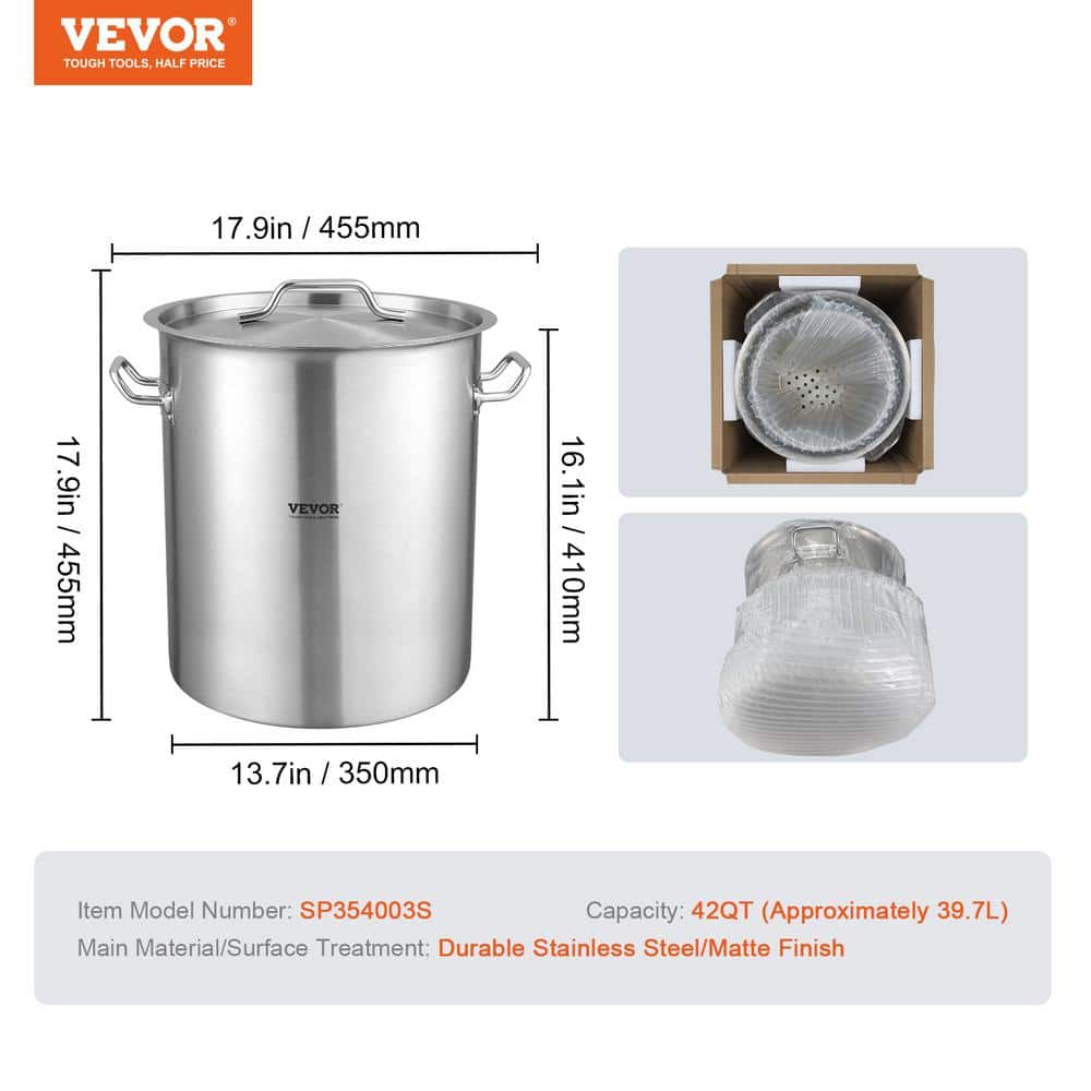 VEVOR 42 Qt Stainless Steel Stockpot with Strainer and Lid