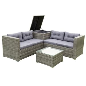 4-Piece Brown Rattan Wicker Outdoor Patio Sectional Furniture Sofa Set with Storage Box and Gray Cushions