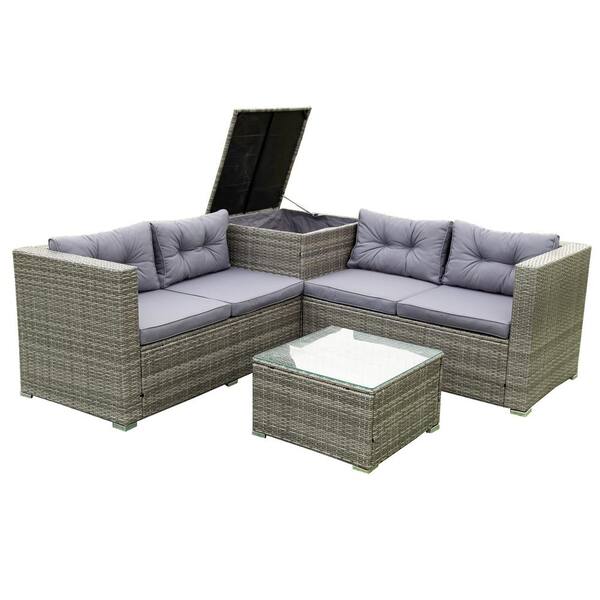 Zeus & Ruta 4-Piece Brown Rattan Wicker Outdoor Patio Sectional Furniture Sofa Set with Storage Box and Gray Cushions