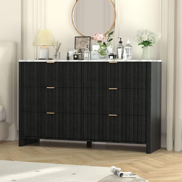 50.6 in. W 6-Drawer Black Color Chest of Drawers, Faux Marble Countertop