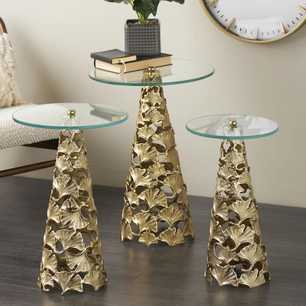 18 in. Gold Cutout Cone Shaped Floral Round Glass End Table with Tempered Glass Tabletop (3-Pieces)