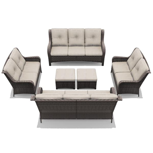 Patio Furniture Set 6 Pieces Outdoor Wicker Sectional Sofa with Beige Cushions