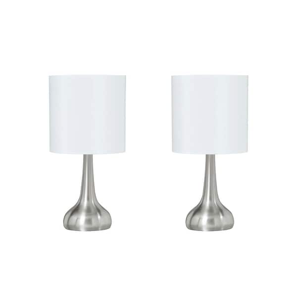14-1/2 in. Satin Nickel Metal Table Lamp with Drum Lamp Shade in Off White (2-Pack)