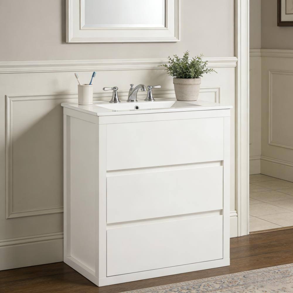 "30"" Freestanding Bathroom Vanity with Ceramic Sink, 2 Full-Extension Soft Close Drawers, 45° Handle, White" price history on PriceWatchPro