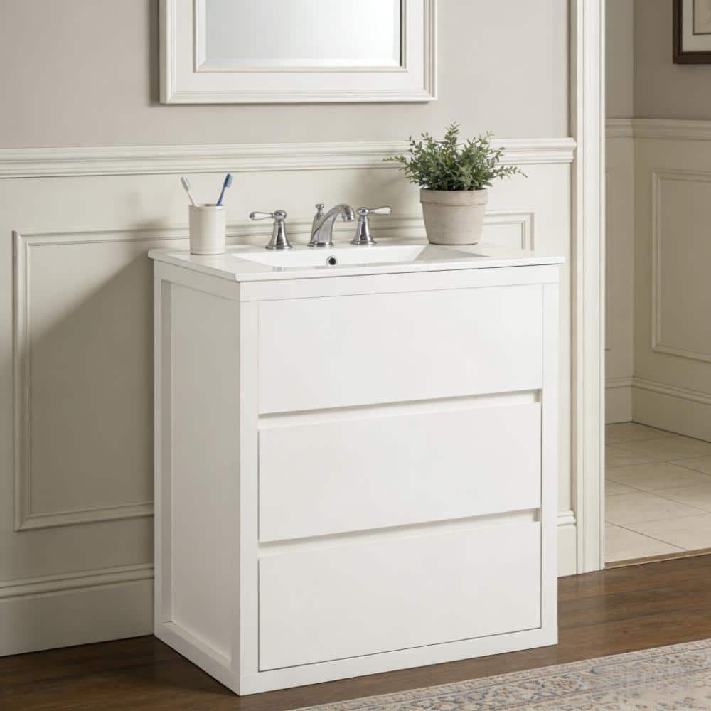 30 in. W White Freestanding Bathroom Vanity with Ceramic Sink and Soft-Close Undermount Drawers price history on PriceWatchPro