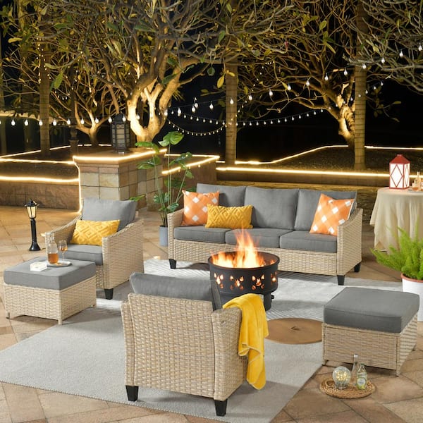 weaxty W Camelia A Beige 6-Piece Wicker Patio Wood Burning Fire Pit Seating Set with Dark Gray Cushions