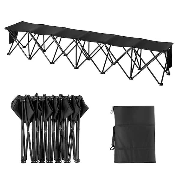 Portable Folding Bench, 6 Seats Foldable Sideline Bench, Outdoor Camping Bench Chairs, Storage Stool, Fabric, Black