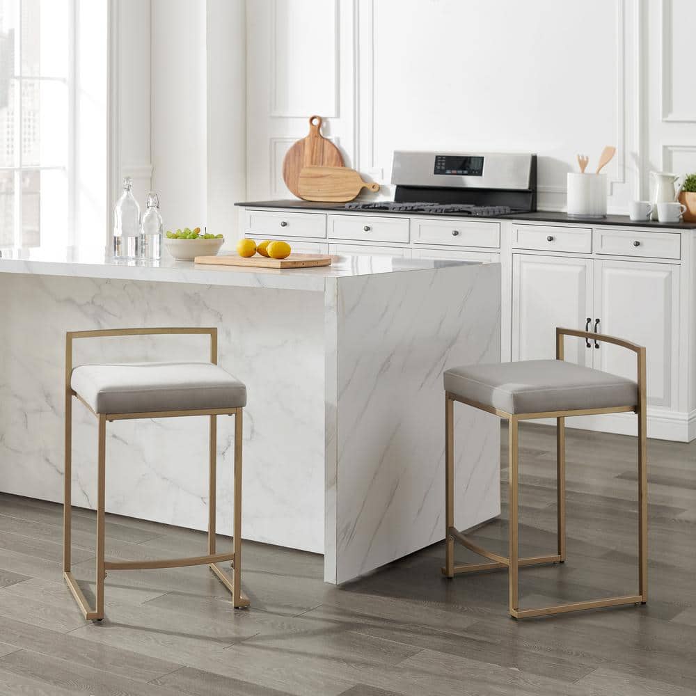 Harlowe Modern Gray Leather & Gold Metal Counter Stools, Set of 2