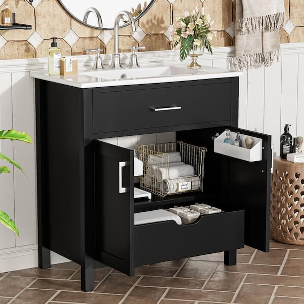 Tenleaf 30 in. W Single Sink Freestanding Bath Vanity in Black with White Ceramic Top for Small Bathrooms