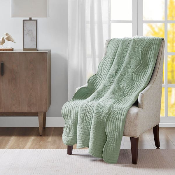 Madison Park Marino Seafoam Floral Polyester 60 x 72 in. Oversized Quilted Throw with Scalloped Edges