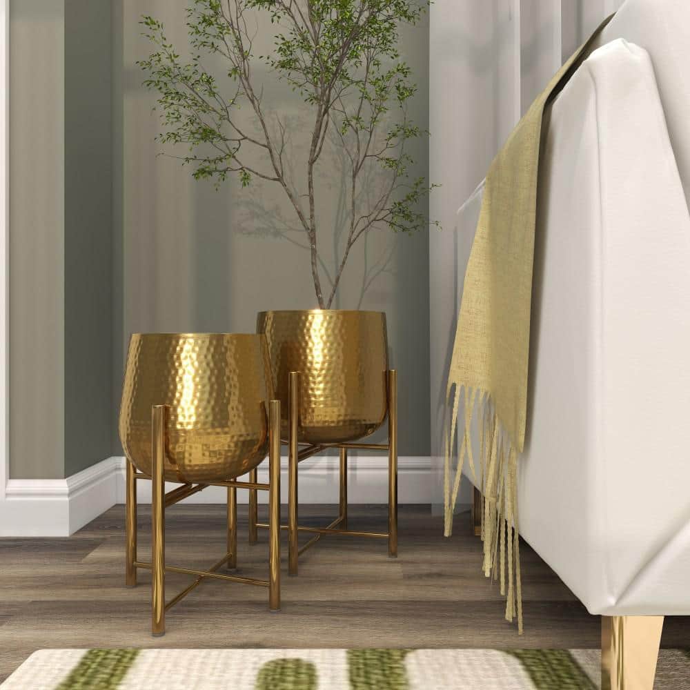 Contemporary Gold Metal Indoor Planter with X-Shaped Stand, 17" Height