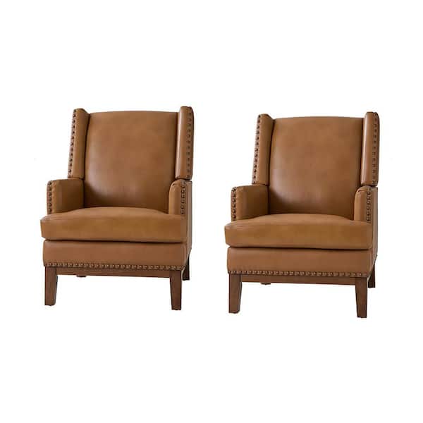 JAYDEN CREATION Lourdes Genuine Leather Arm Chair with Solid Wood Frame and Removable Seat Cushion, Set of 2-CAMEL