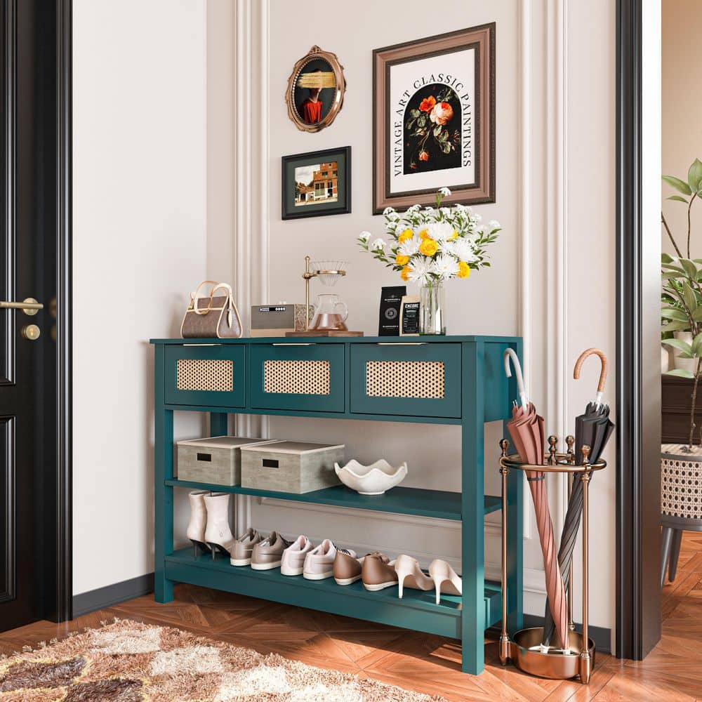 43.3 in. Green Rectangle Wood Console Table with 3 Top Drawers and 2 Open Shelves