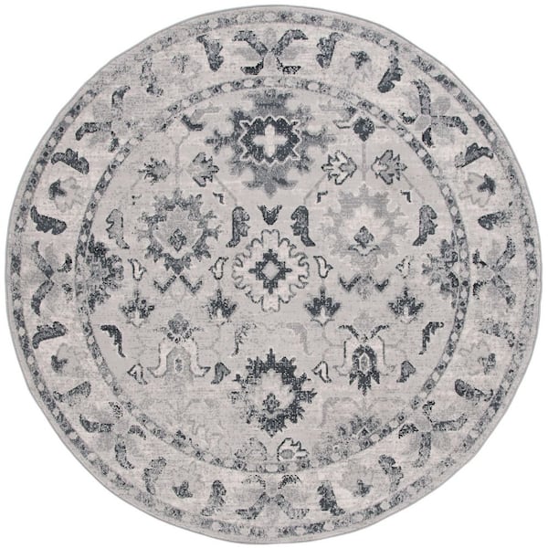 Odyssey 7 ft. x 7 ft. Gray/Black Floral Border Round Area Rug