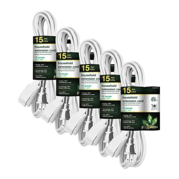 GoGreen Power (G-24715-5) 15 ft. 16/2 Indoor Household Extension Cord, 3 Outlets, White, 5 PACK