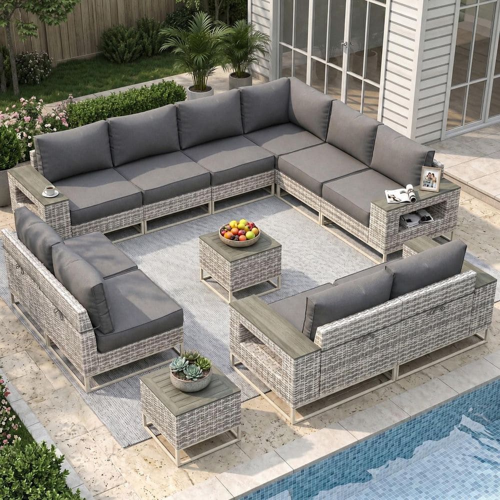 12-Piece Gray Wicker Patio Conversation Set with Dark Gray Cushions price history on PriceWatchPro