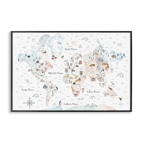 Stupell Industries Whimsical World Traveler Map by Laura Marshall Black Framed Animal Giclee Art Print 12 in. x 18 in.