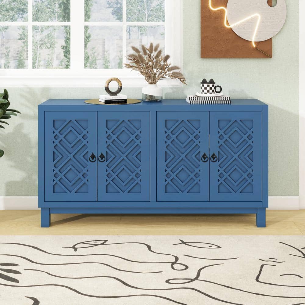JUJABU Navy Blue MDF 60 in. Large Storage Space Sideboard 4-Door