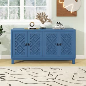 Navy Blue MDF 60 in. Large Storage Space Sideboard 4-Door Buffet Cabinet with Pull Ring Handles for Living Room