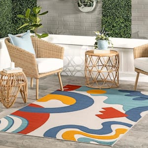 Ashley Retro Abstract Blue 8 ft. x 10 ft. Indoor/Outdoor Area Rug