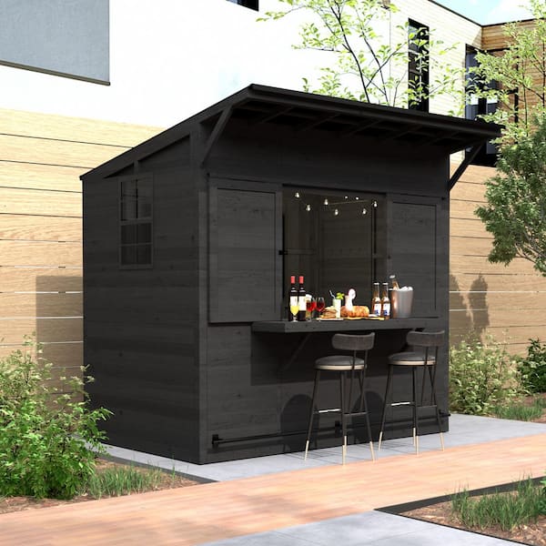 8 ft. W x 5 ft. D Outdoor Bar Gazebo Farm Stand Wooden Shed with Lockable Windows and Doors, 3-Seat Serving Counter