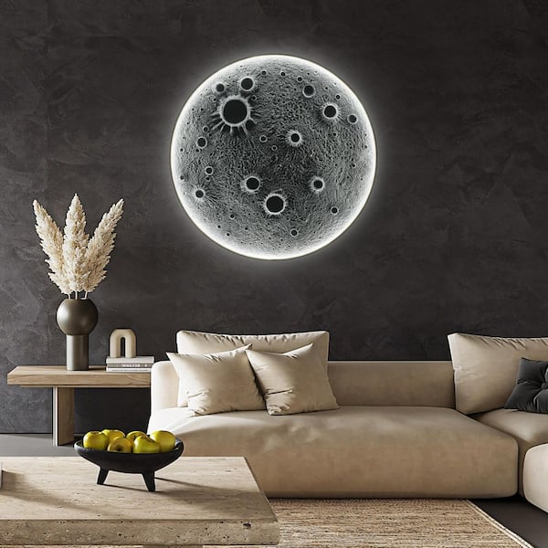 GOGEXX 40 in. x 40 in. Gray Realistic Resin Moon Dimmable LED Wall