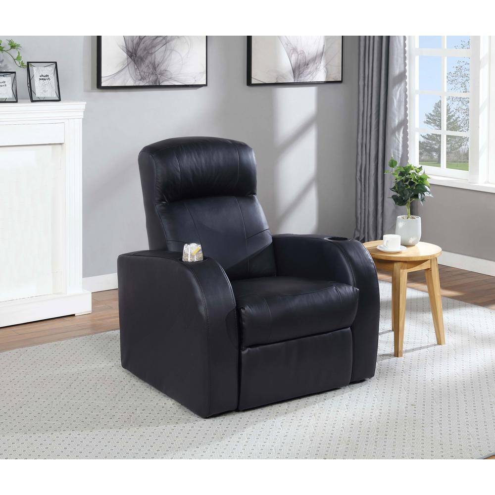 Cyrus Black Leather Manual Reclining Sofa with Cup Holders