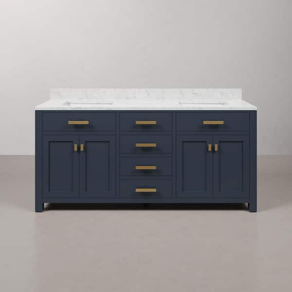 Madison 72 in. W x 21.5 in. D x 34 in. H Double Sink Bath Vanity in Monarch Blue with Carrara White Marble Top
