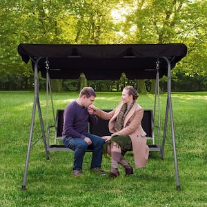 Outdoor Metal 3-Person Plastic Porch Garden Black Patio Swing with Adjustable Canopy Hammock Seats