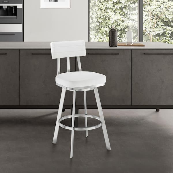 Armen Living Jinab 38-42 in. White/Brushed Stainless Steel Metal 26 in. Bar Stool with Faux Leather Seat