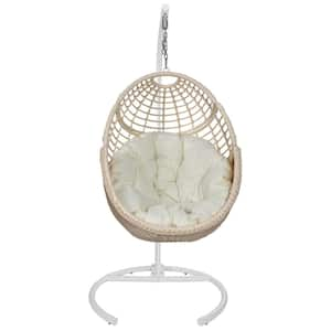 Heavy-duty 37inch Cream Porch Swing Basket Egg Chair with Metal Stand and PE Rattan for 1 Person