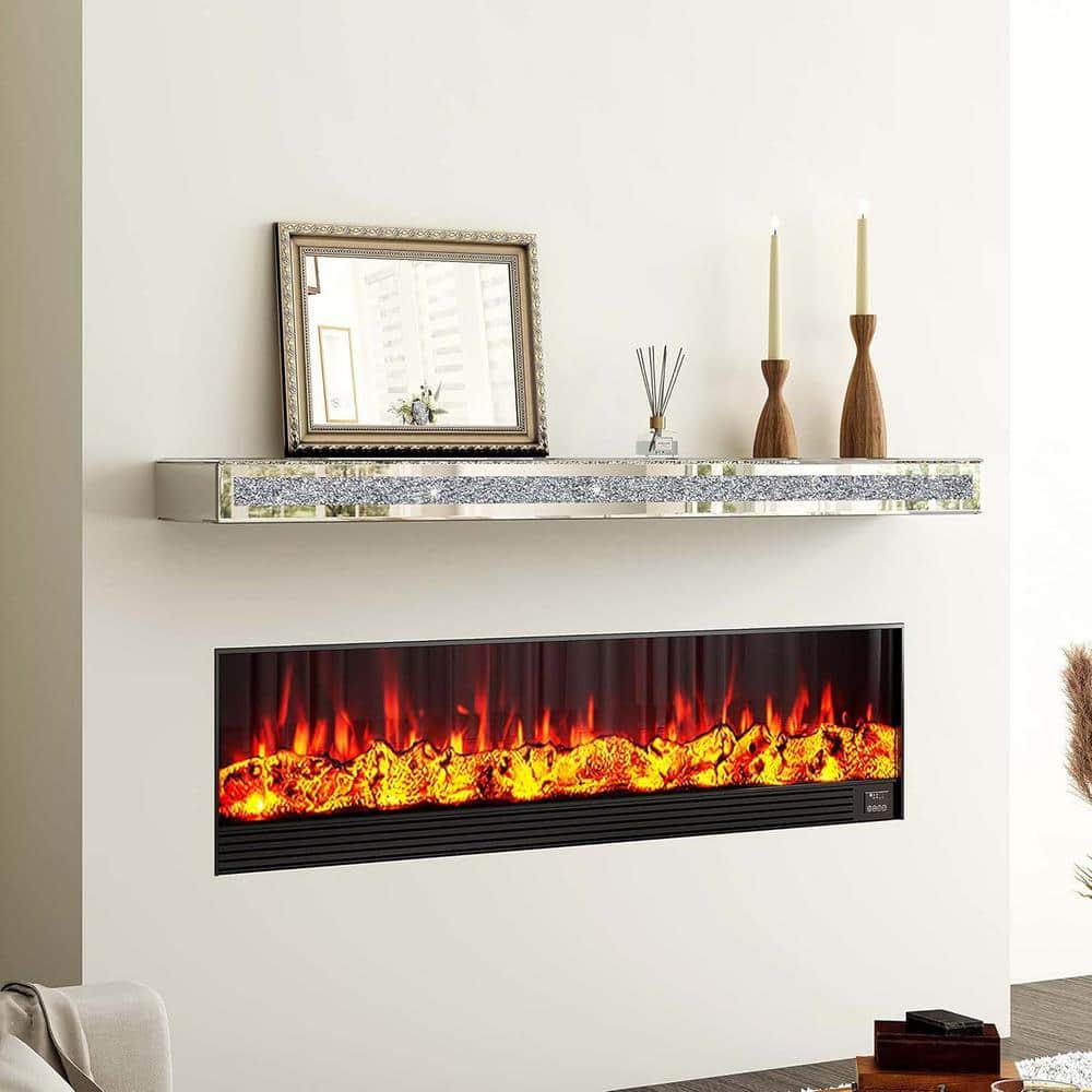 48 in. W x 8 in. D Silver Crushed Diamond Decorative Wall Shelf Fireplace M
