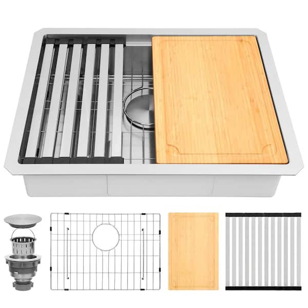 23 in. Undermount Single Bowl ADA-Compliant 16-Gauge Stainless Steel Workstation Sink with Accessories, 6 in. Deep