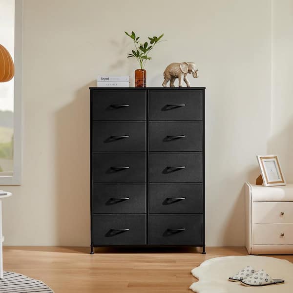 WONDER COMFORT Stylish Black 10-Drawer 11.8 in. Wide Chest of Drawers for Bedroom, Tall Chest Organizer Tower with Wooden Top