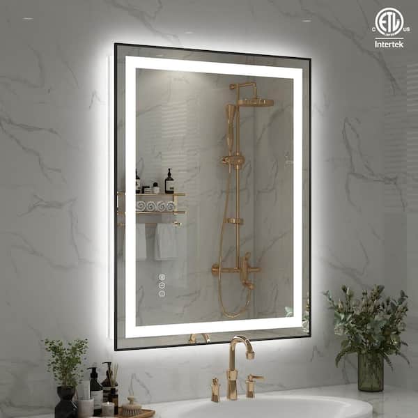 36 in. W. x 28 in. H Large Rectangular Framed Anti-Fog LED Light Wall Mounted Bathroom Vanity Mirror in Matte Black
