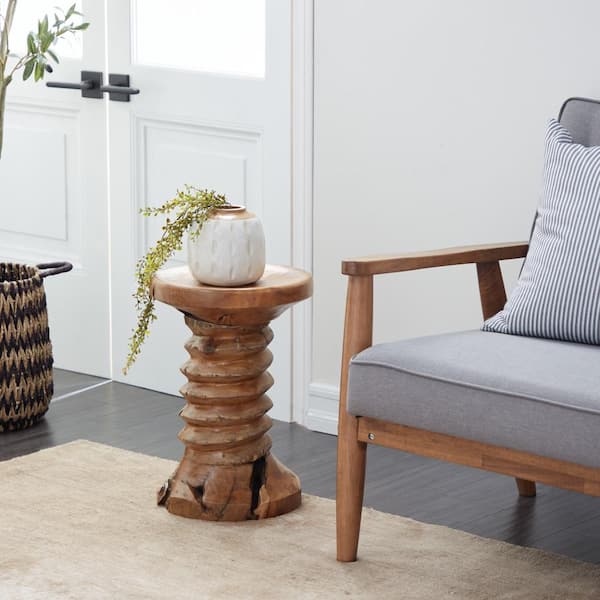 Litton Lane 13 in. Brown Handmade Live Edge Medium Round Wood End Table with Coiled Base