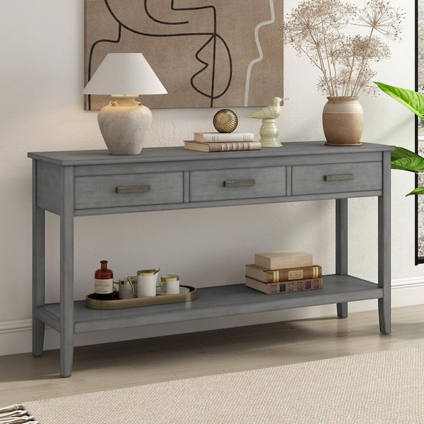 Harper & Bright Designs 59.1 in. Gray Rectangle Wood Console Table with 3 Drawers and Bottom Shelf