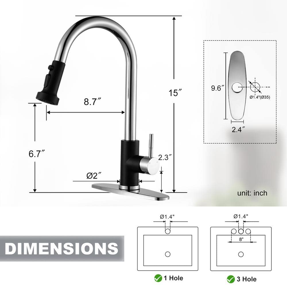 Matte Black and Chrome Stainless Steel Pull Down Kitchen Faucet