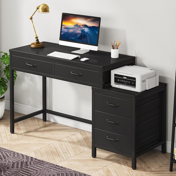 Cassey 51 in. Rectangular Black Wood 5-Drawer Computer Desk, Reversible Study Writing Desk for Home Office