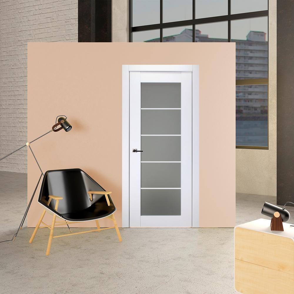 Polar White and Frosted Glass 5-Lite Paneled Door Slab