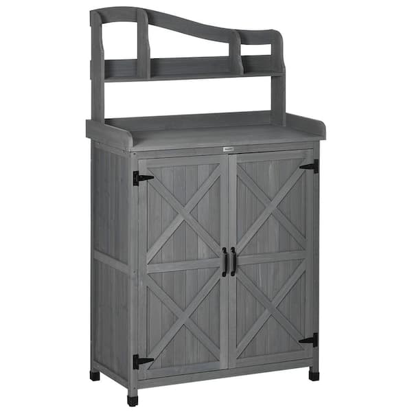 Unbranded 37.5 in. W x 18 in. D x 66.8 in. H Gray Fir Wood Multi-function Outdoor Storage Cabinet with Magnetic Doors