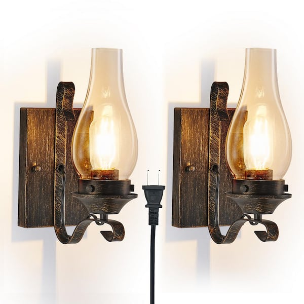 5 in. 1-Light Indoor Brown Plug-in Wall Sconce Vintage Wall Light with Clear Glass Shade for Living Room (2-Sets)
