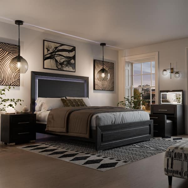 Fairhart 3-Piece Black Wood King Panel Bedroom Set with Nightstand and Convertible Vanity Set