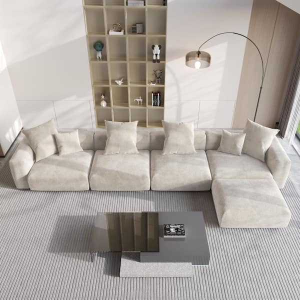 J&E Home 5-Piece Beige 181 in Corduroy Velvet L-Shaped Sectional Sofa with Ottoman and Removerble Covers Living Room Set