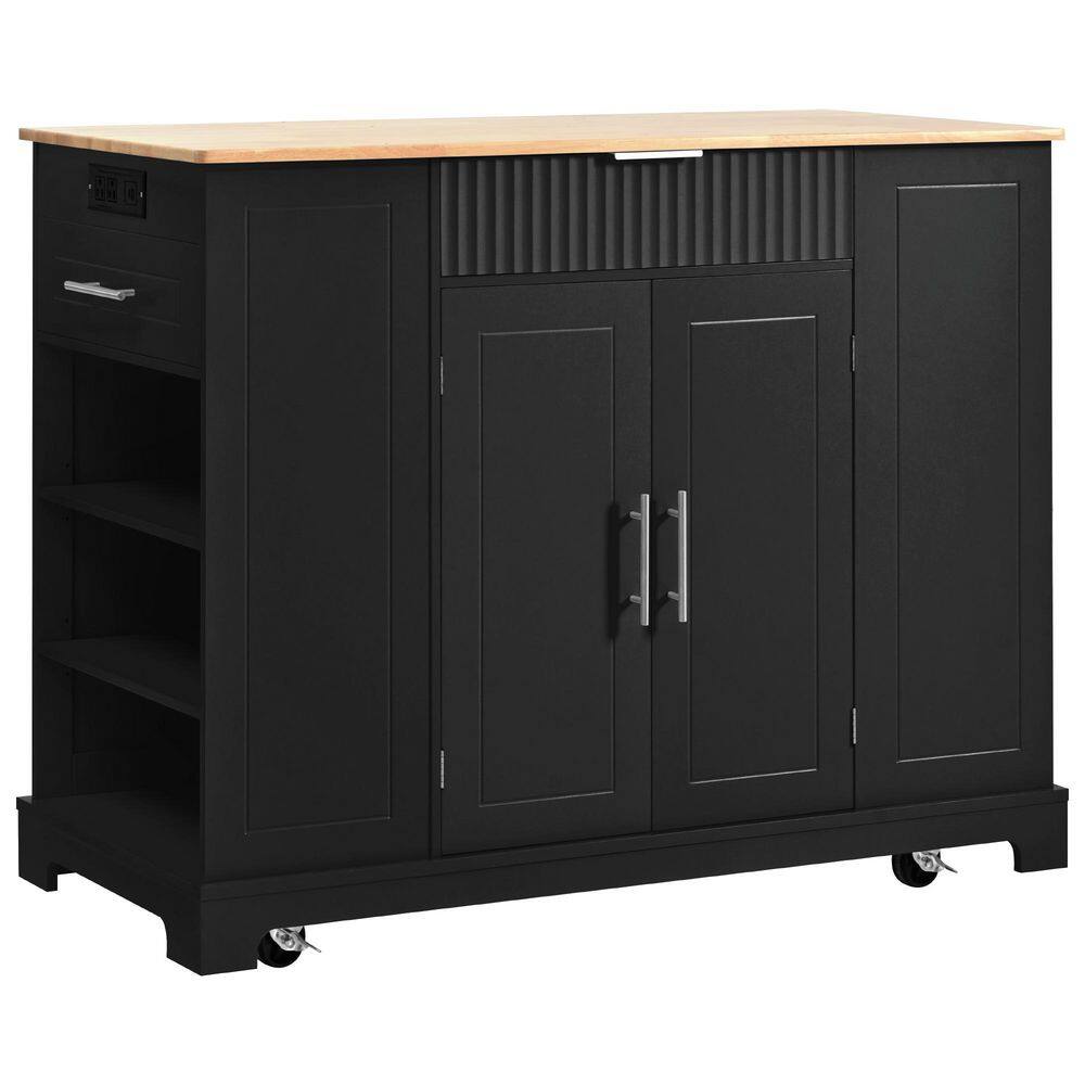 Black Wood 48.5 in. Kitchen Prep Table with Trash Can Storage Cabinet, Powe