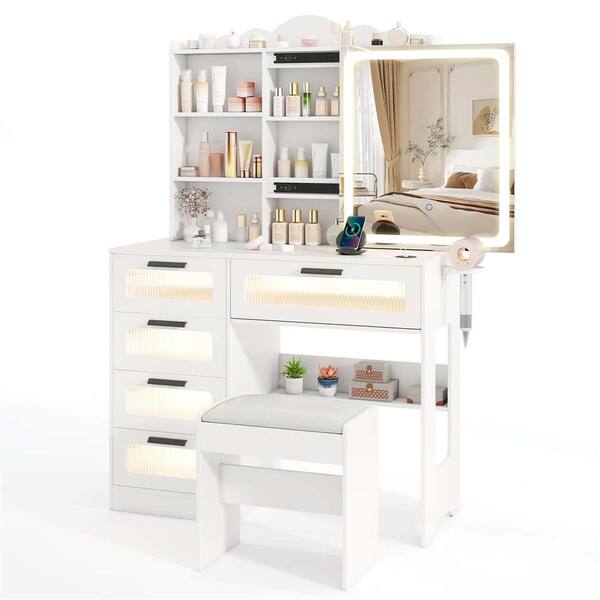 Costway 2-Piece White Modern Makeup Vanity Set with Sliding Mirror and Lights Stool 5 Drawers Hooks Open Storage