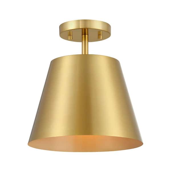 Meridian 10 in. W x 11 in. H 1-Light Natural Brass Contemporary Semi-Flush Mount with Metal Shade